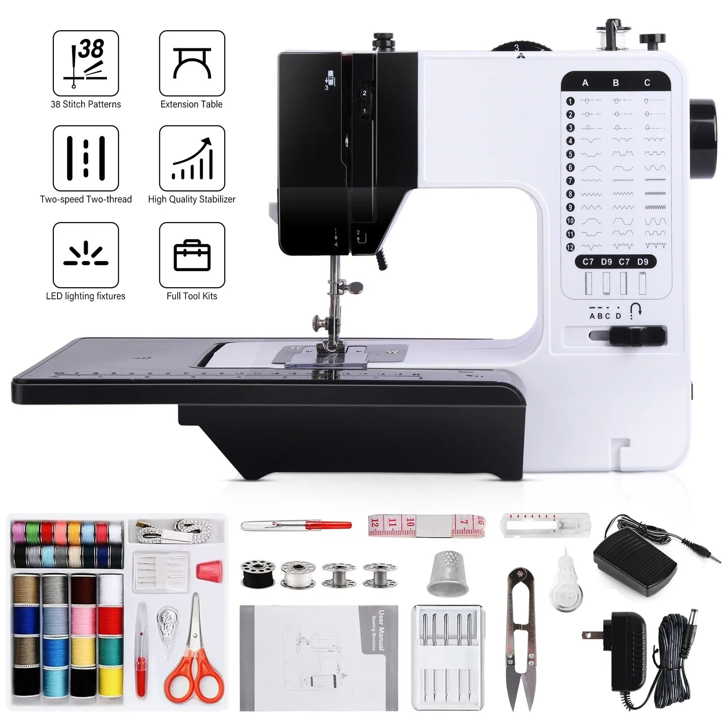 BCOOSS Portable Sewing Machine for Beginners 38 Built-in Stitches with Extension Table &Dual Speed
