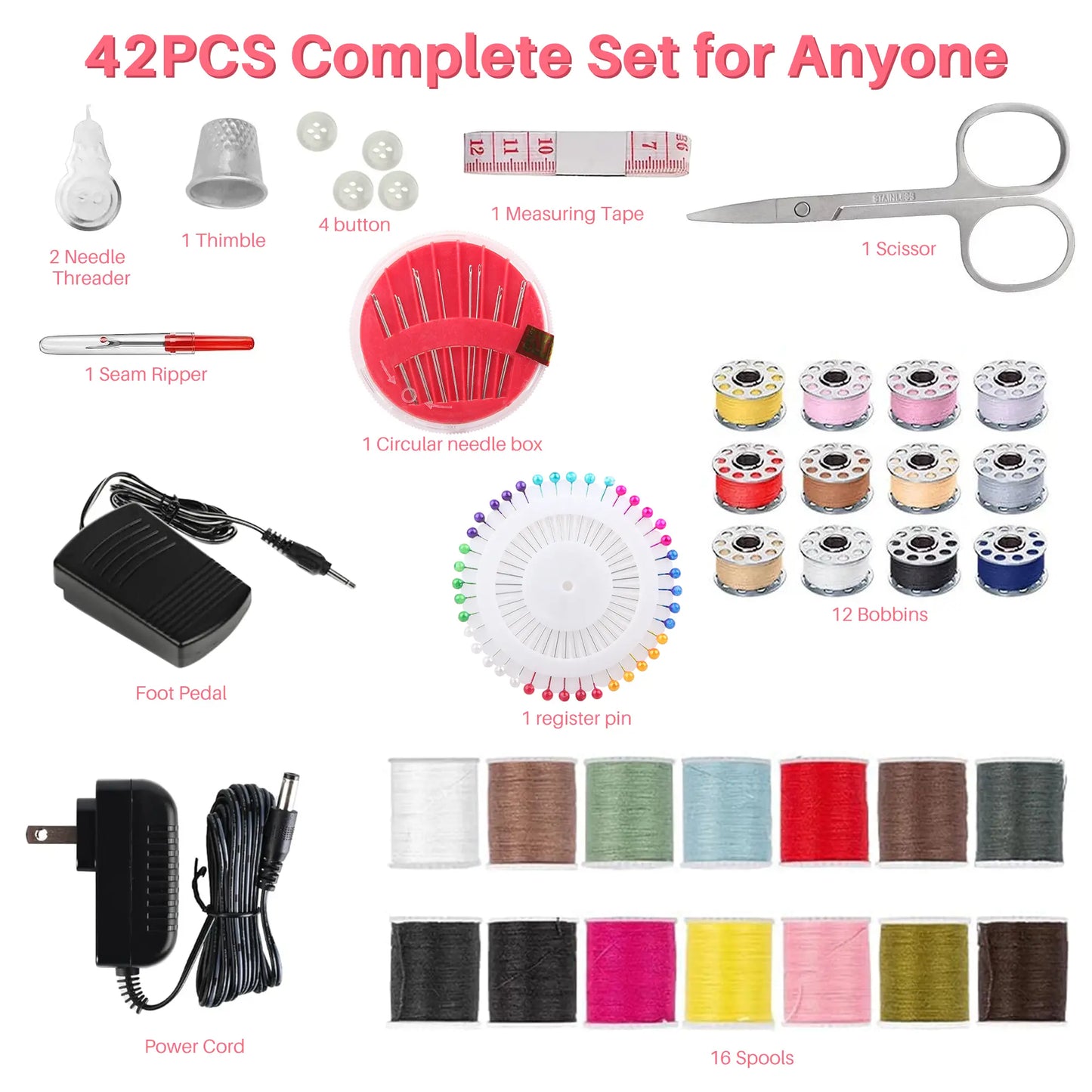 BCOOSS Sewing Machine for Beginner Multi-Functional Portable Machine with 12 Built-in Stitches,Pink