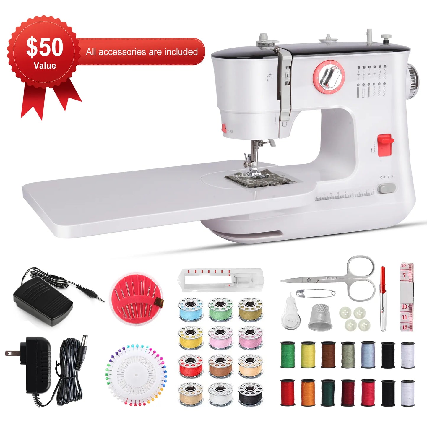 BCOOSS Sewing Machine for Beginners Electric Portable 12 Built-in Stitches with Extension Table