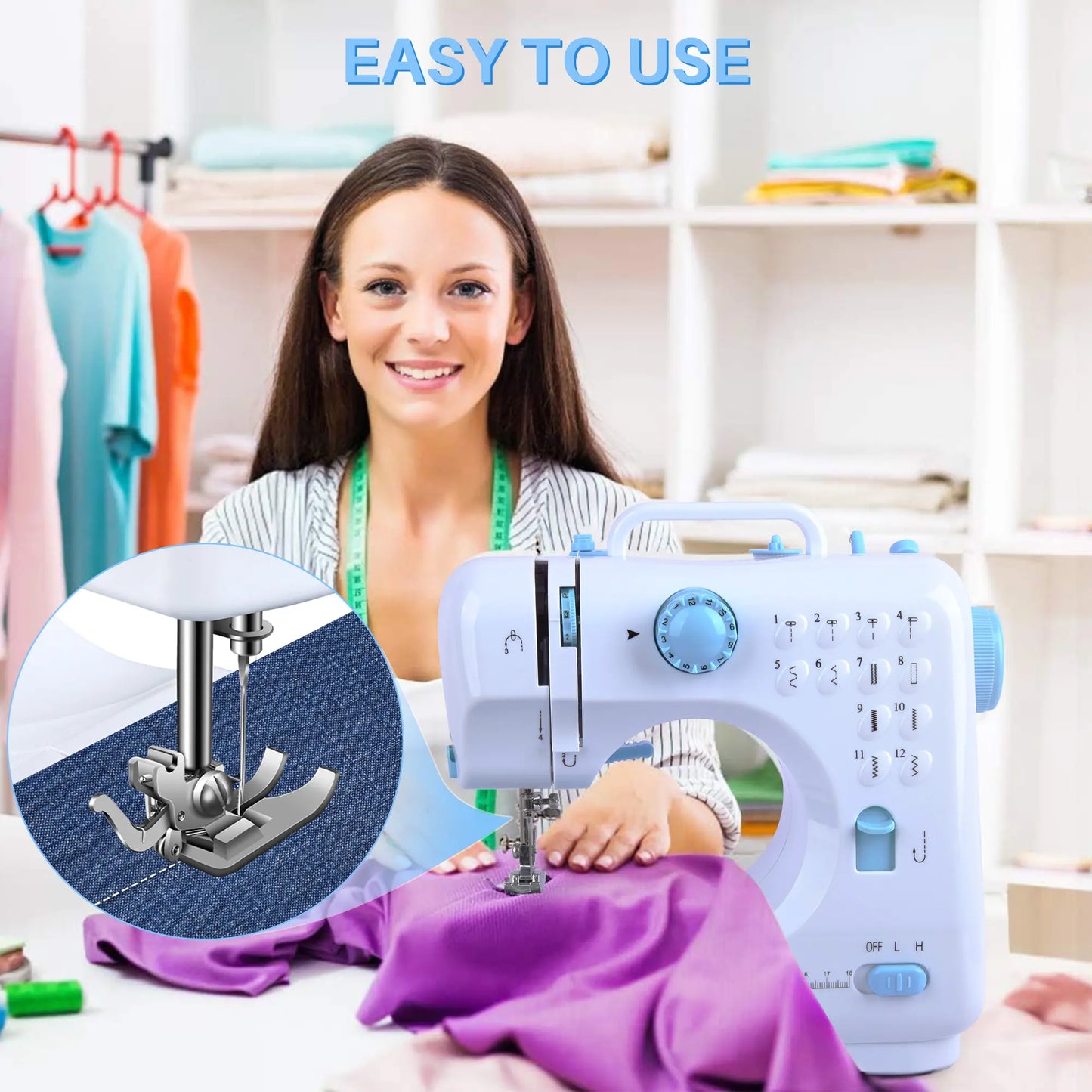 BCOOSS Sewing Machine for Beginner Multi-Functional Portable Machine with 12 Built-in Stitches,Blue