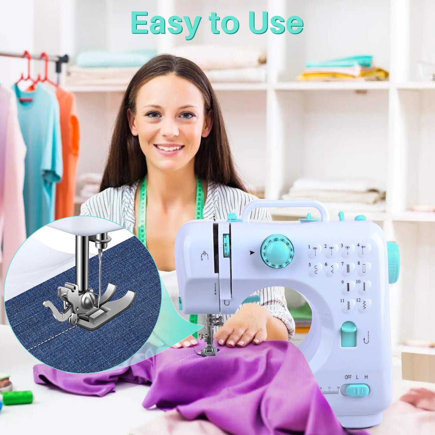 BCOOSS Sewing Machine for Beginner Multi-Functional Portable Machine with 12 Built-in Stitches,Green