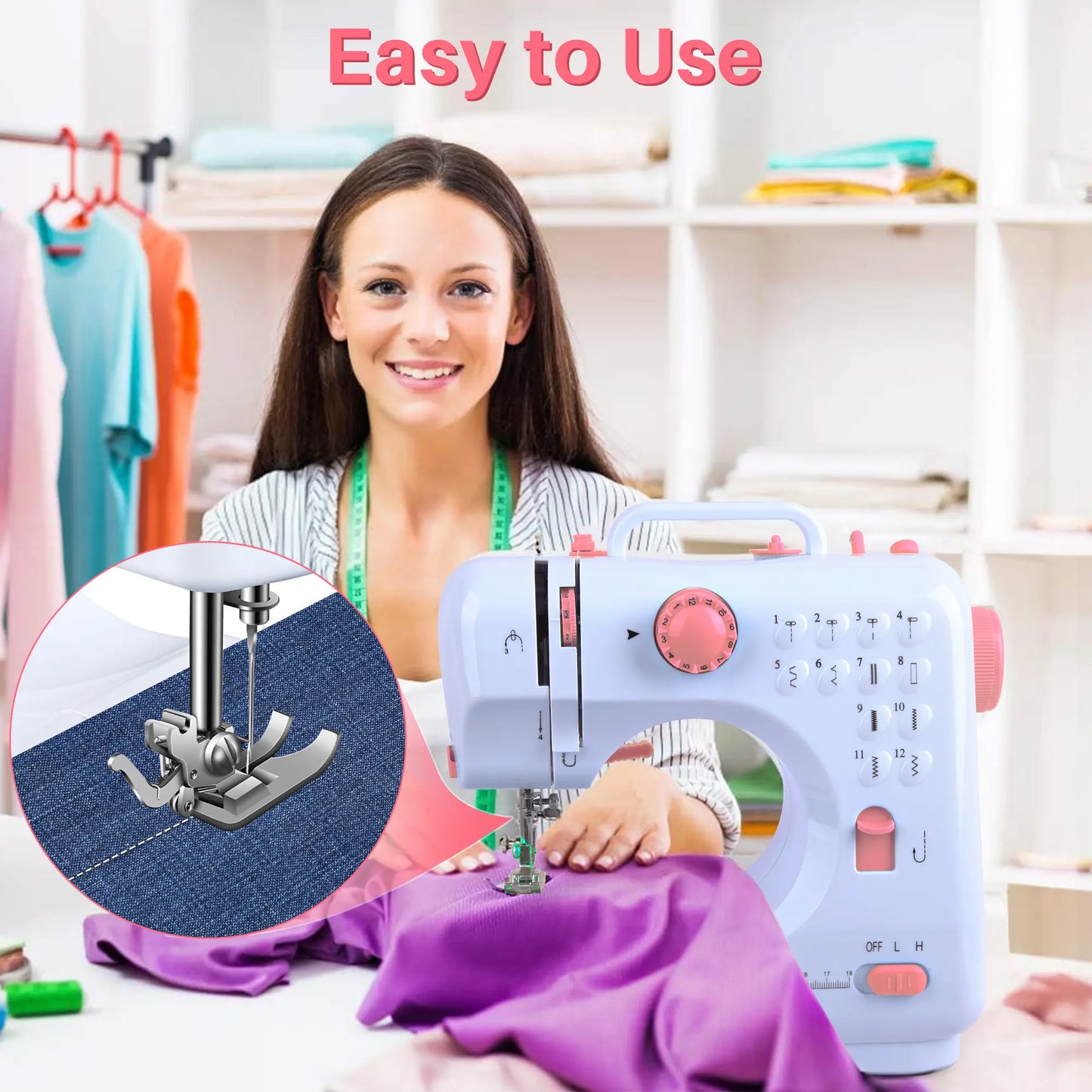 BCOOSS Sewing Machine for Beginner Multi-Functional Portable Machine with 12 Built-in Stitches,Pink