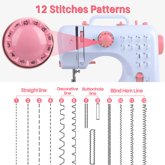 BCOOSS Sewing Machine for Beginner Multi-Functional Portable Machine with 12 Built-in Stitches,Pink