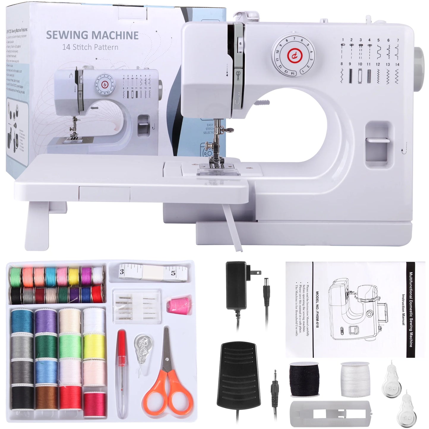 BCOOSS Sewing Machine with 14 Built-in Stitch Multifunctional Portable Machine with Extension Table